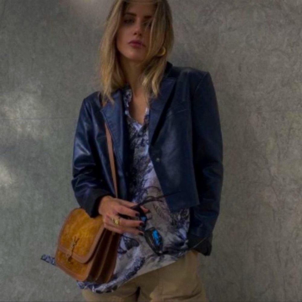 NWT ZARA LIMITED EDITION CROPPED FAUX LEATHER BLAZER DARK NAVY